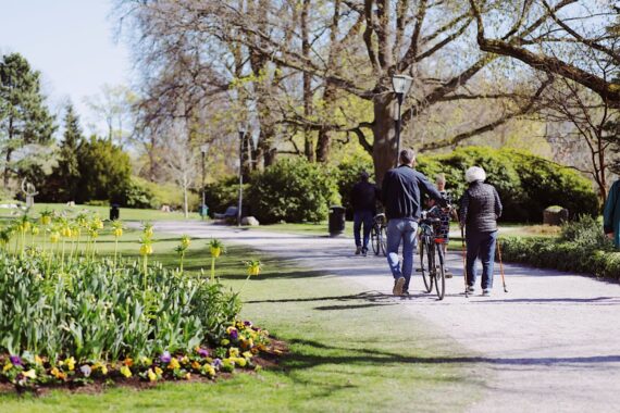 Människor promenerar på en gångstig i stadsparken i Örebro.